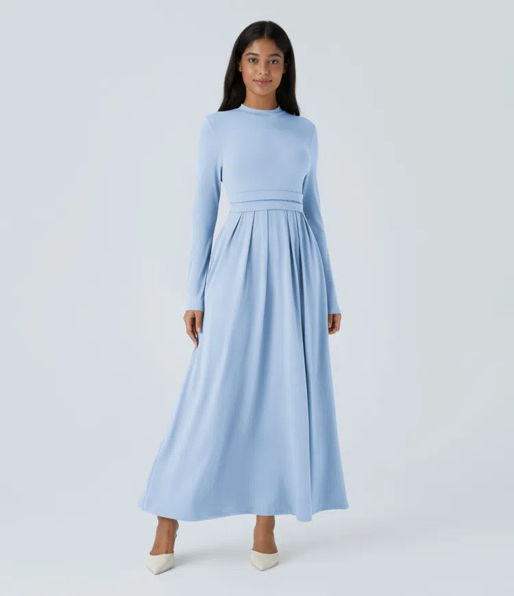 Stand Collar Long Sleeve Pocket Flare Maxi Casual Dress