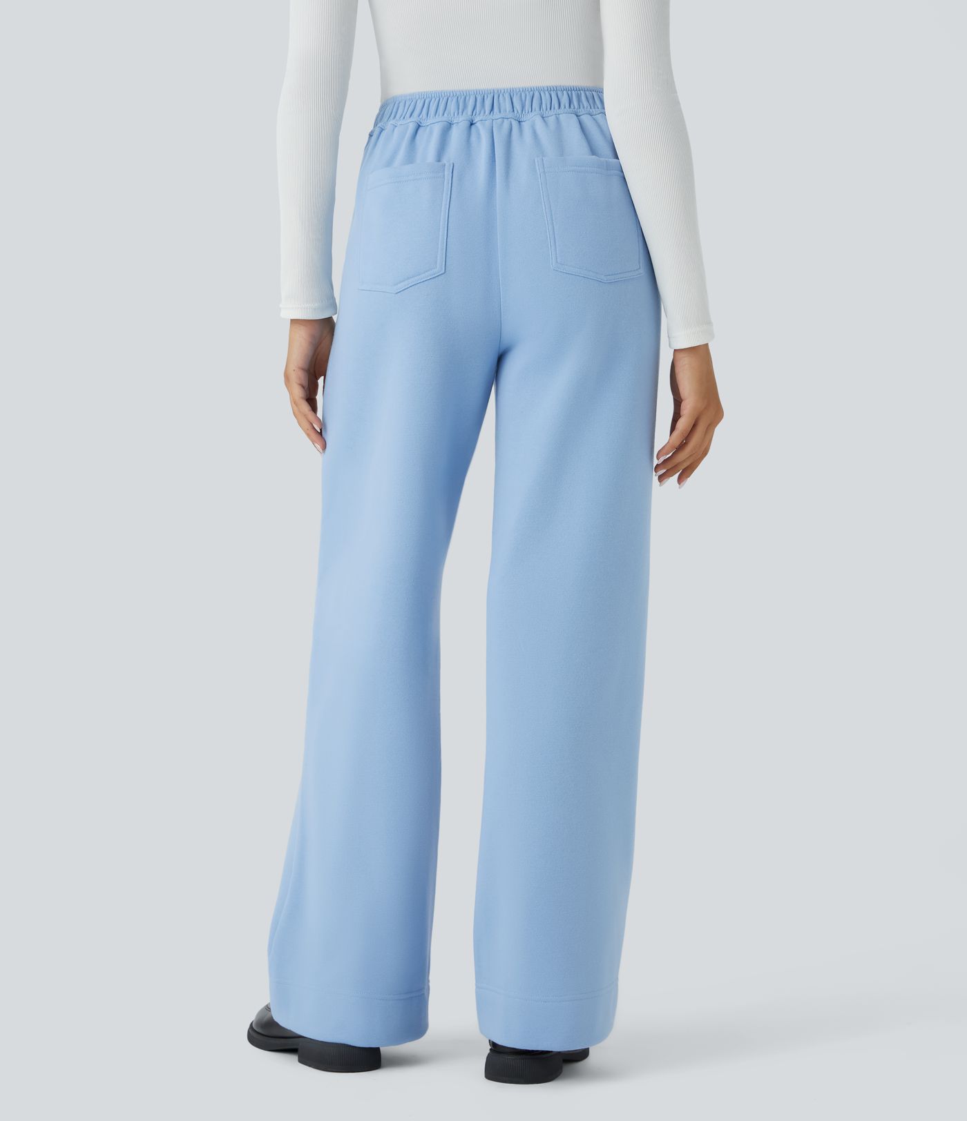 Pantalon Jogging en Fleece Thermique Jambe Droite Boutons Taille Haute Plusieurs Poches