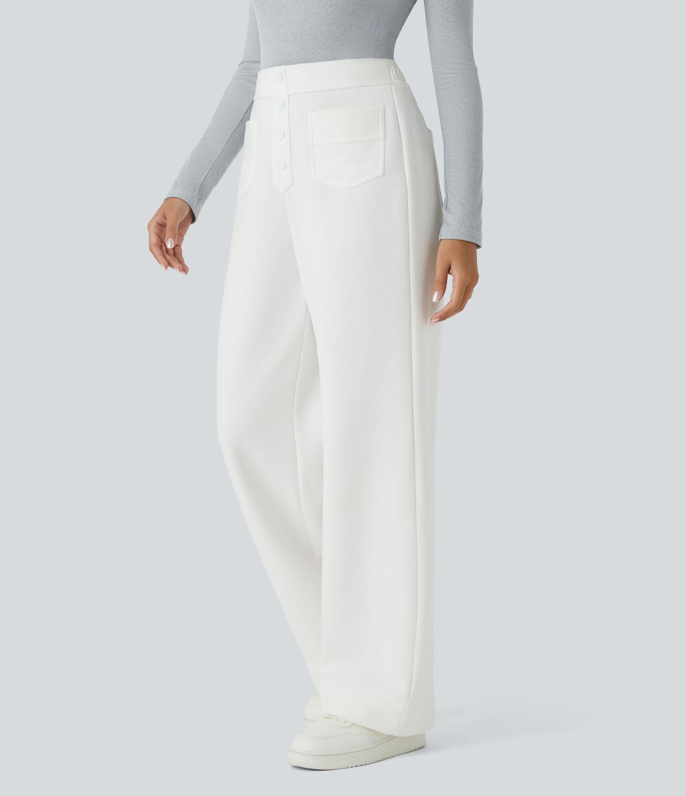 High Waisted Button Multiple Pockets Straight Leg Fleece Casual Trousers