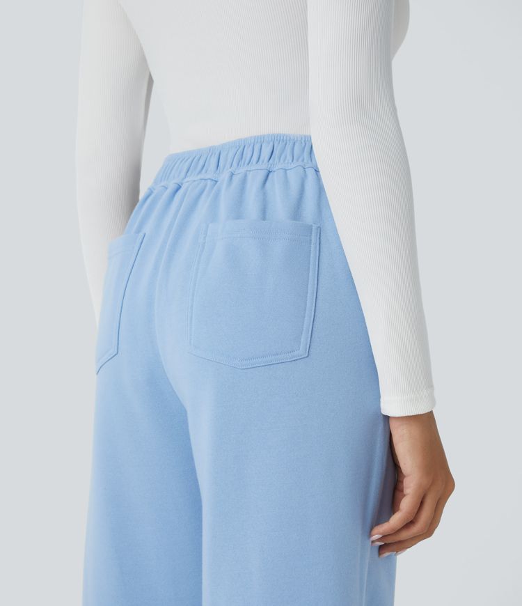 Pantalon Jogging en Fleece Thermique Jambe Droite Boutons Taille Haute Plusieurs Poches