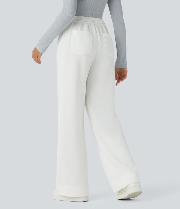 Pantalon Casual en Fleece Thermique Jambe Droite Boutons Taille Haute Plusieurs Poches