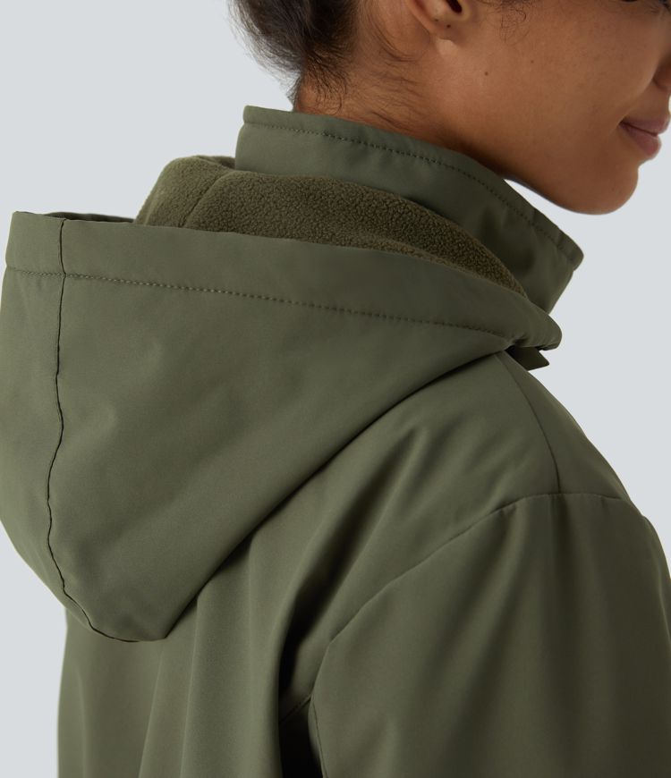 Veste longue de randonnée en polaire avec capuche amovible et col montant