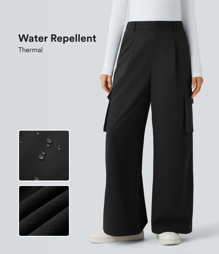 Pantalon cargo thermique jambe large taille haute, déperlant et résistant à l'usure