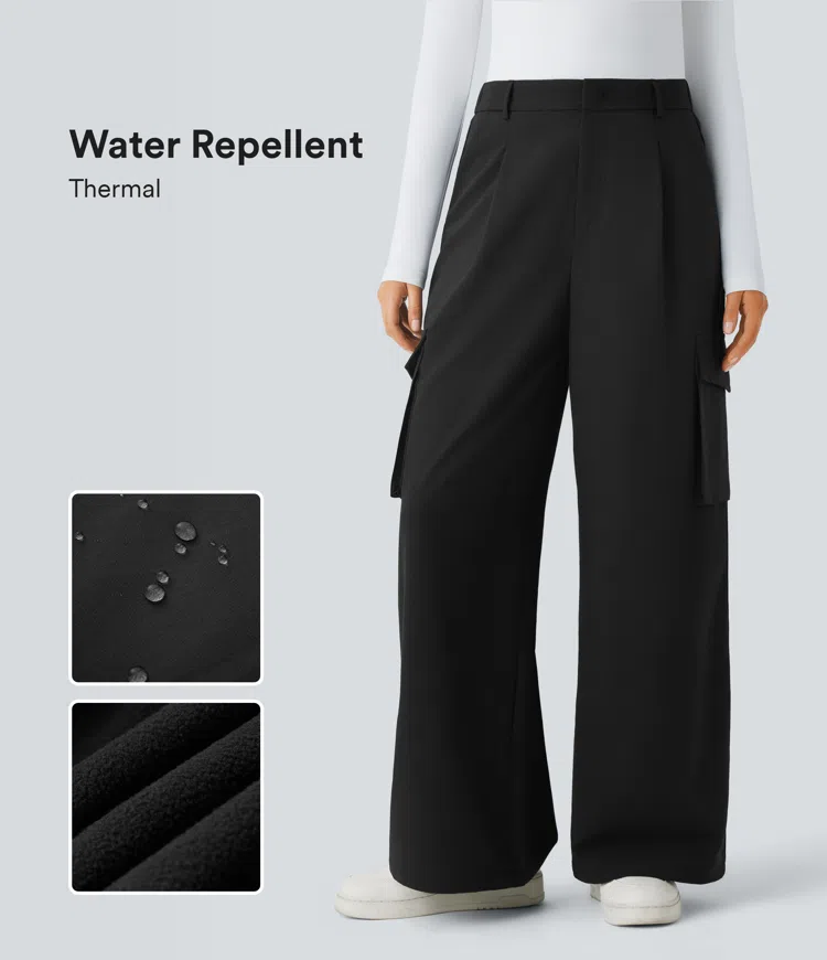Water Repellent Wear-Resistant High Waisted Zipper Pockets Thermal Wide Leg Work Cargo Pants