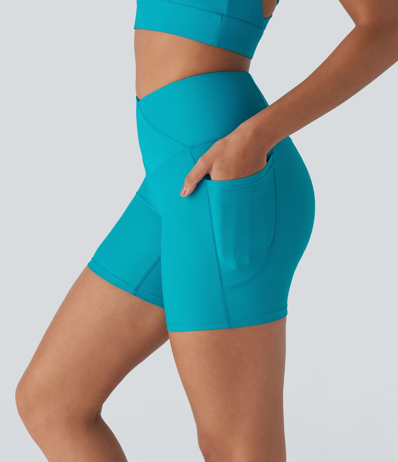 Land to Water High Waisted Crossover Side Pocket Yoga Bikini Bottom Swimsuit