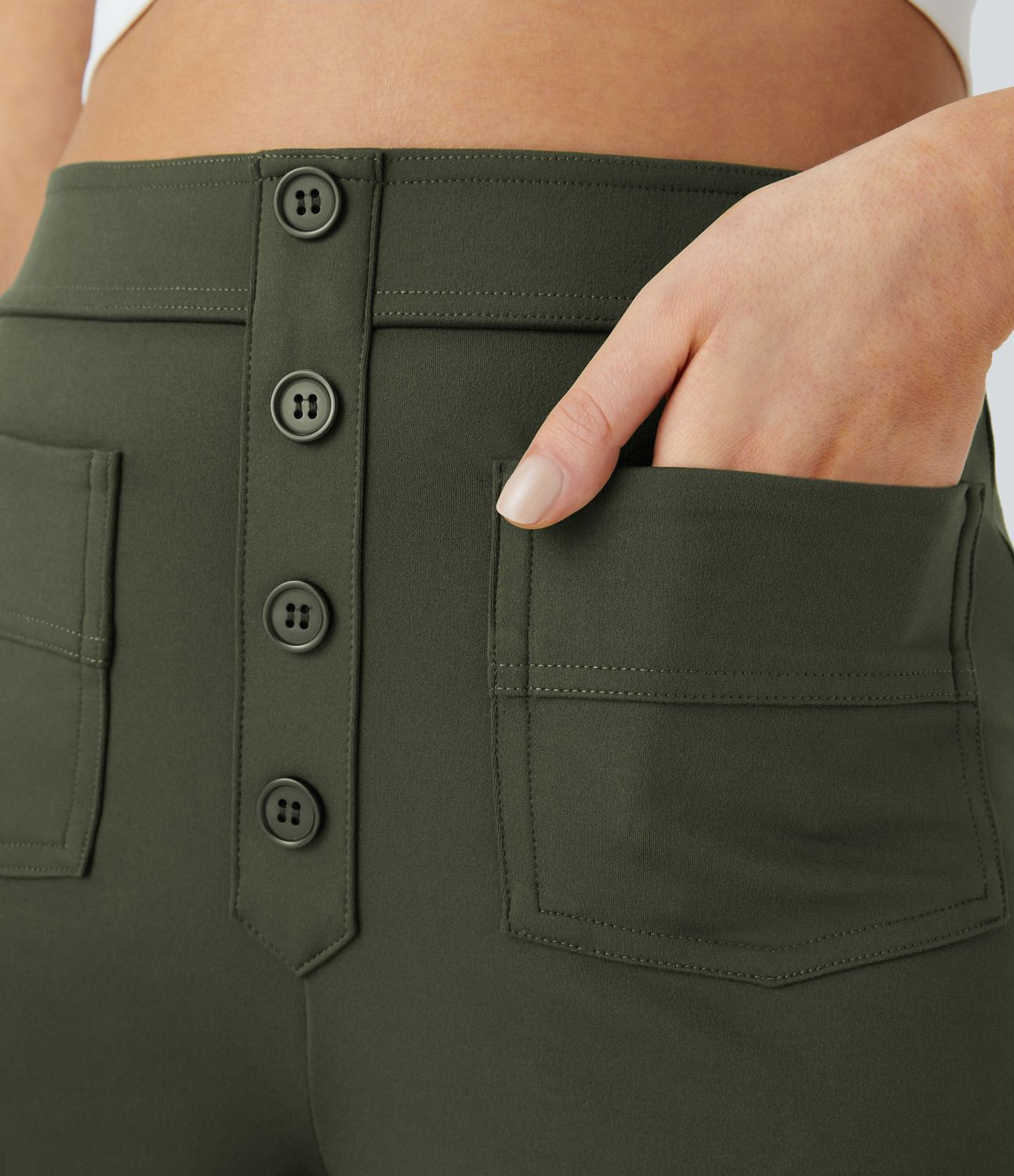 Pantalones casuales de cintura alta con botones decorativos y múltiples bolsillos y pierna recta