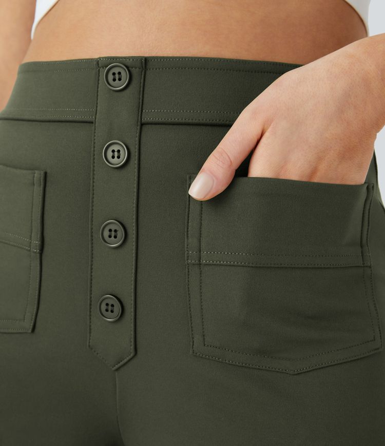 Pantalones casuales de cintura alta con botones decorativos y múltiples bolsillos y pierna recta