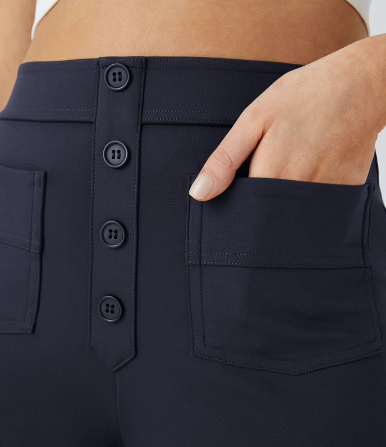 Pantalones casuales de cintura alta con botones decorativos y múltiples bolsillos y pierna recta