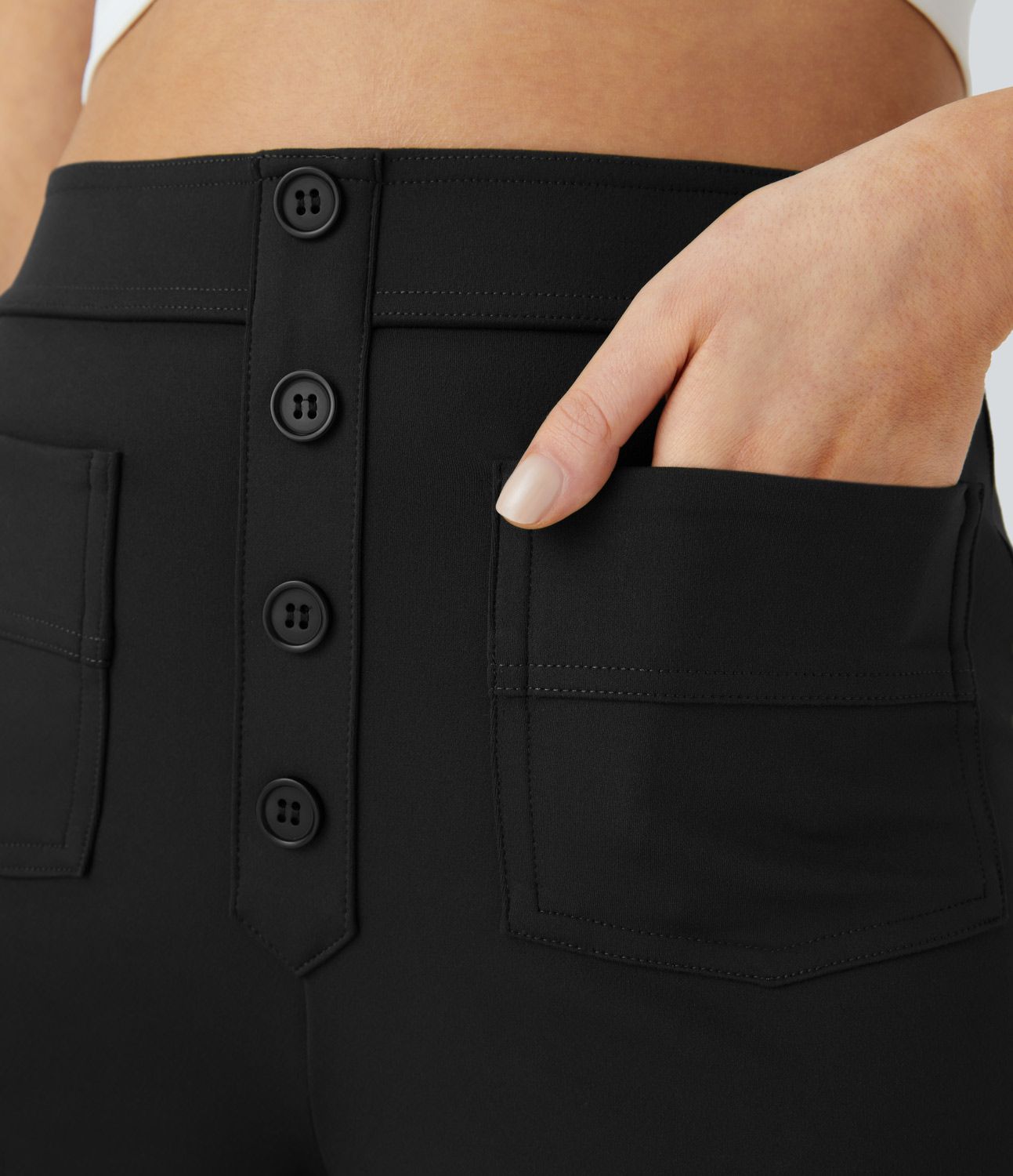 Pantalones casuales de cintura alta con botones decorativos y múltiples bolsillos y pierna recta