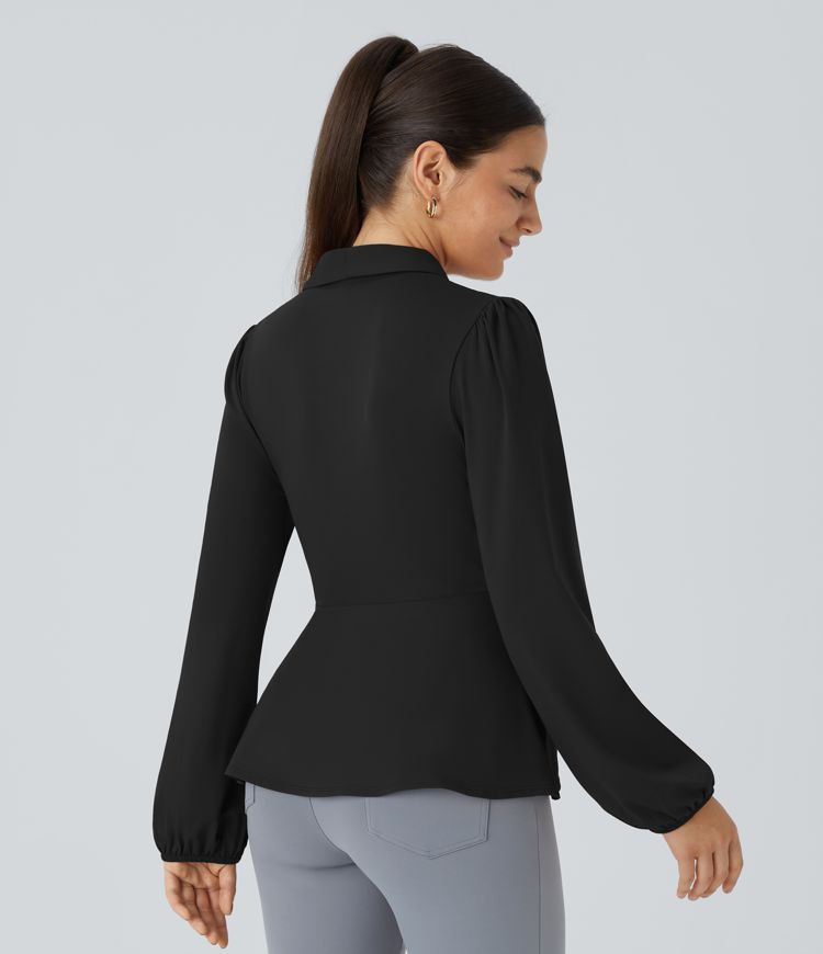 Blusa oficina cuello chal lazo lateral cruzado dobladillo volante