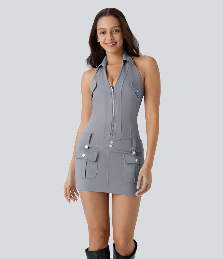 Halter V Neck Zipper Pockets Bodycon Micro Mini Dress
