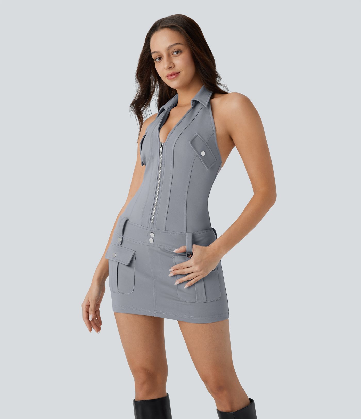 SculptKnit Halter V Neck Zipper Pockets Bodycon Micro Mini Dress