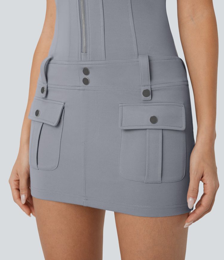 Halter V Neck Zipper Pockets Bodycon Micro Mini Dress