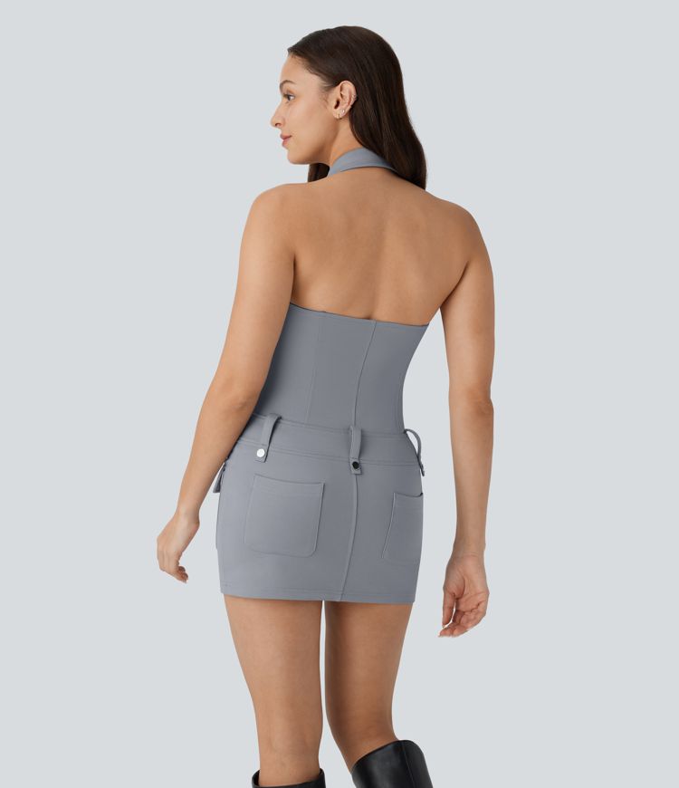 Halter V Neck Zipper Pockets Bodycon Micro Mini Dress