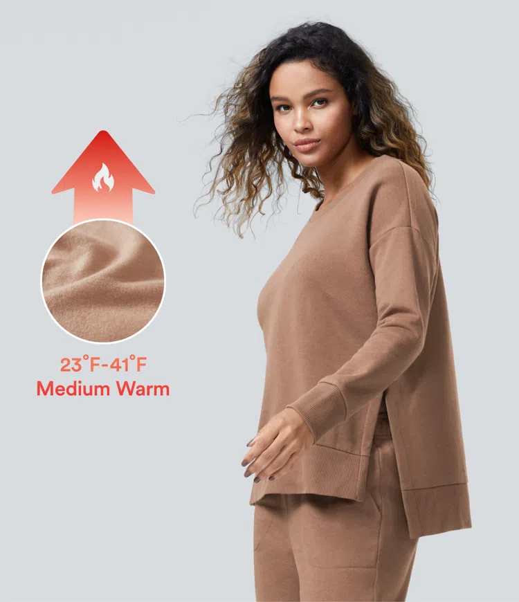 Round Neck Long Sleeve Side Fleece Casual Sweatshirt