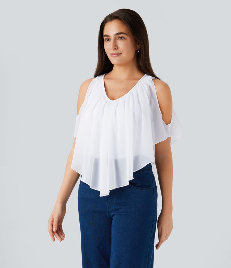 Breezeful™ V Neck Cold Shoulder Contrast Chiffon Flowy Quick Dry Casual Top