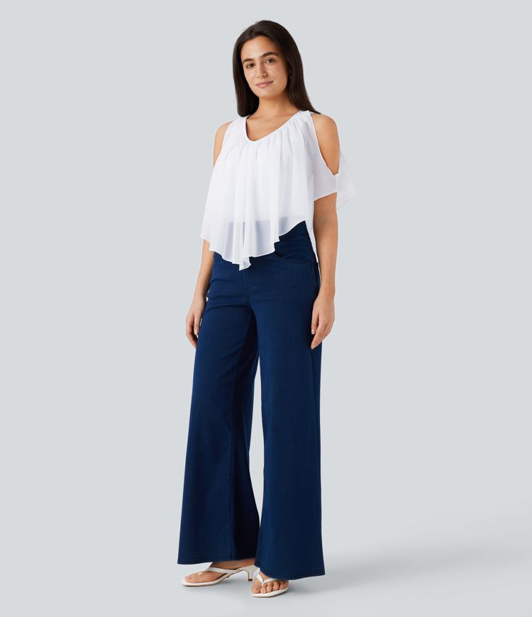 Breezeful™ V Neck Cold Shoulder Contrast Chiffon Flowy Quick Dry Casual Top