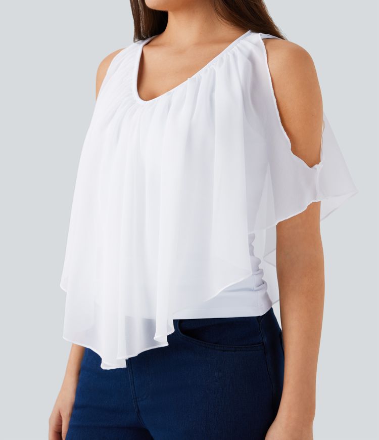 Breezeful™ V Neck Cold Shoulder Contrast Chiffon Flowy Quick Dry Casual Top