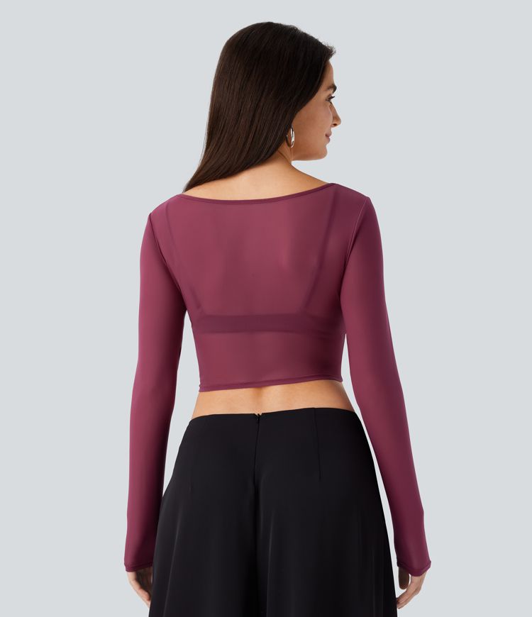 Top fiesta corto malla transparente manga larga cuello barco