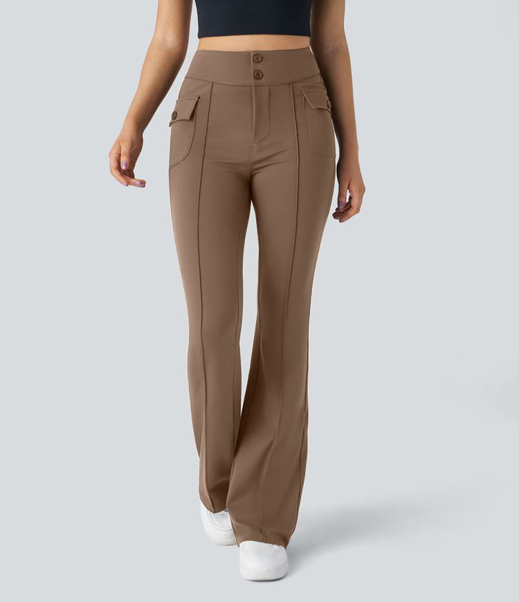 Pantalón cargo acampanado bolsillo solapa lateral botón tiro alto