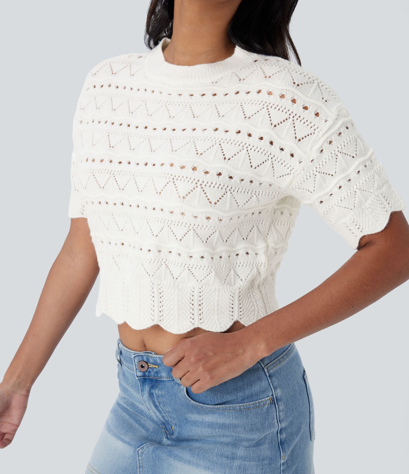 Round Neck Short Sleeve Scallop Hem Open Knit Casual Sweater