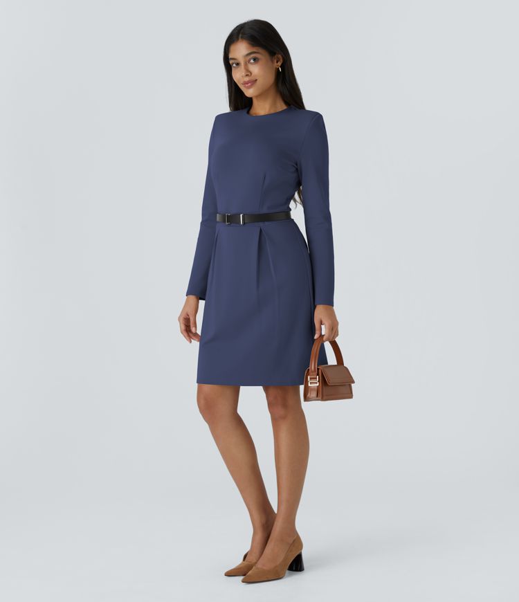 long sleeve shoulder pad dress Pleated A-line Dress with Shoulder Pads White / FR 48