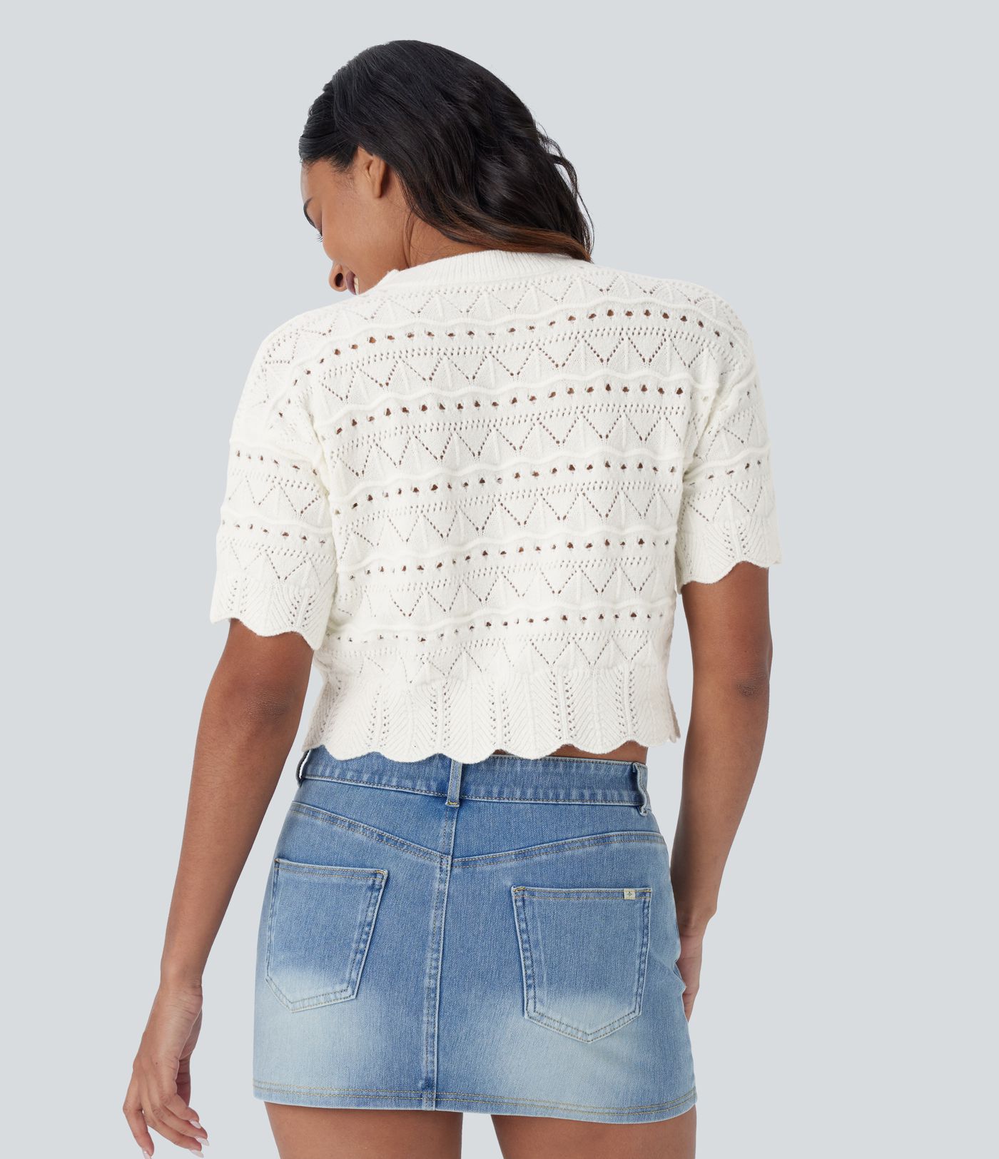 Round Neck Short Sleeve Scallop Hem Open Knit Casual Sweater