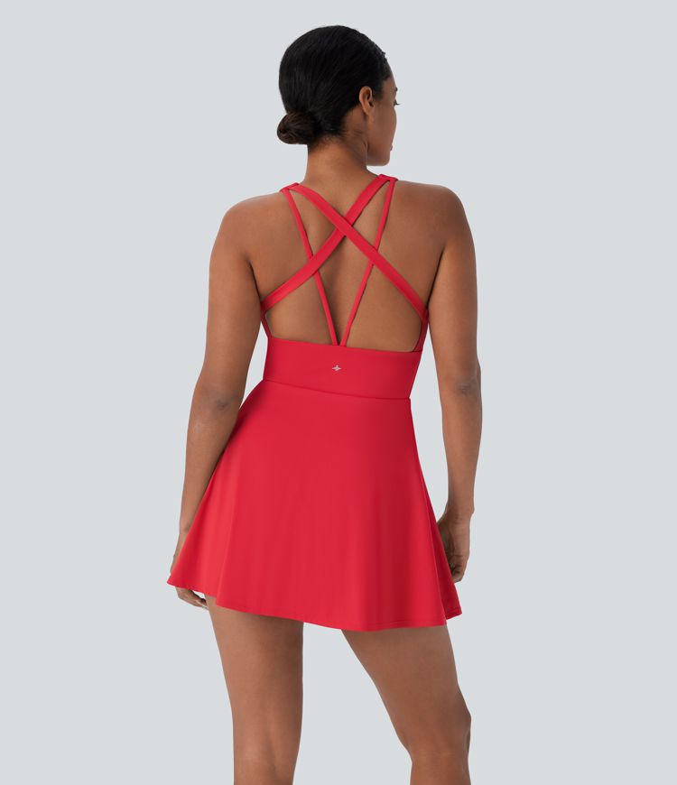 Softlyzero™ QuickDry - Rückenfreies 2-in-1 Pickleball-Slip-Minikleid mit überkreuzten Trägern und Seitentasche