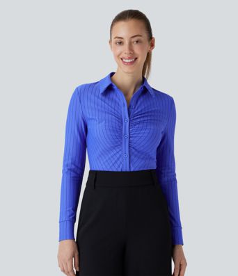 Blusa de manga larga fruncida con dobladillo curvado y rayas, fresca y cómoda para el trabajo.