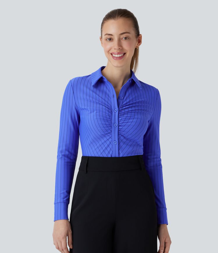 Blusa de manga larga fruncida con dobladillo curvado y rayas, fresca y cómoda para el trabajo.