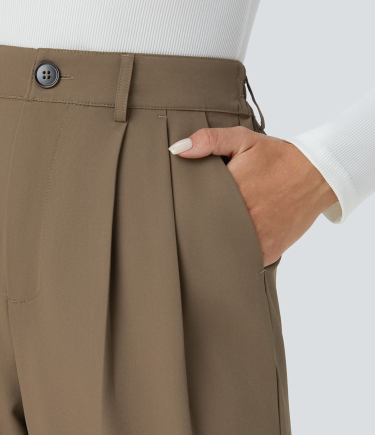 High-waist button zipper creased side pocket work pants