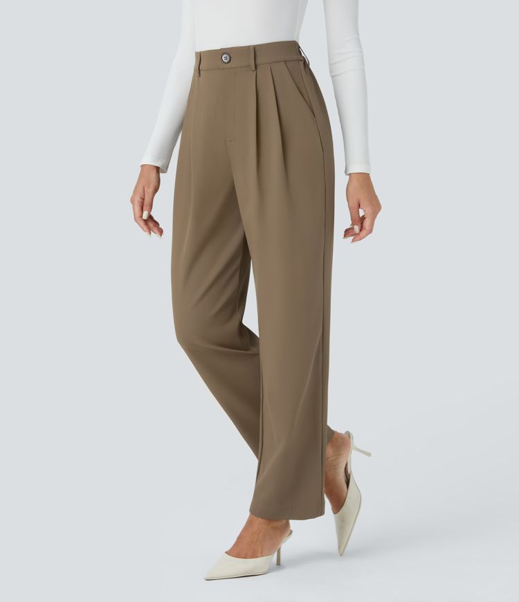 High-waist button zipper creased side pocket work pants