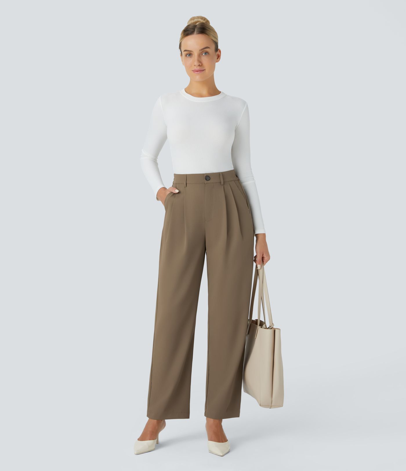 High-waist button zip wrinkled side pocket work pants
