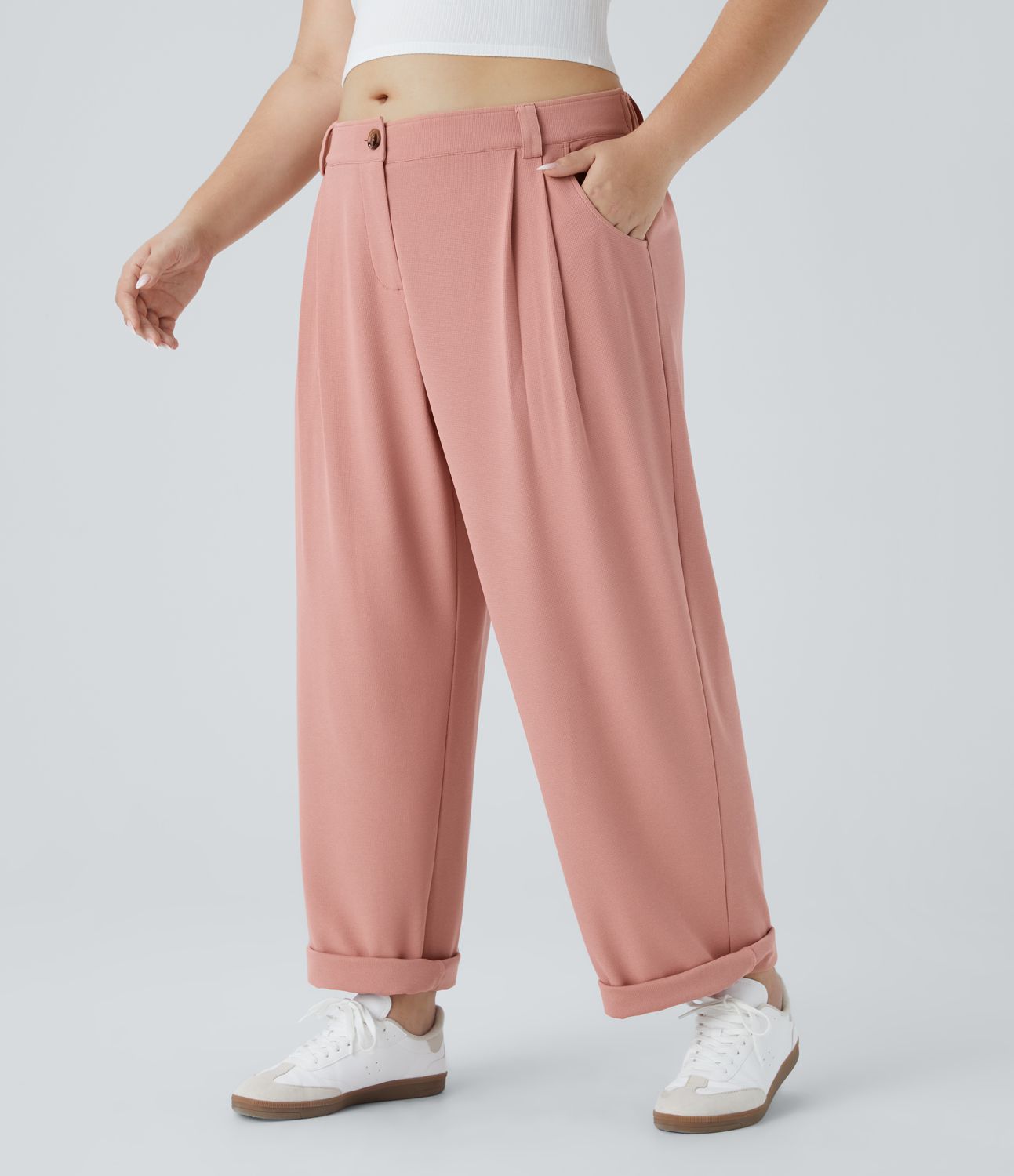 Pantalón gofre bolsillo lateral cremallera botón tiro medio