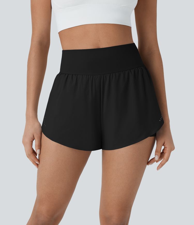 Softlyzero™ QuickDry High Waisted Reflective Dots Crossover Hem 2-in-1 Side Pockets Running Shorts