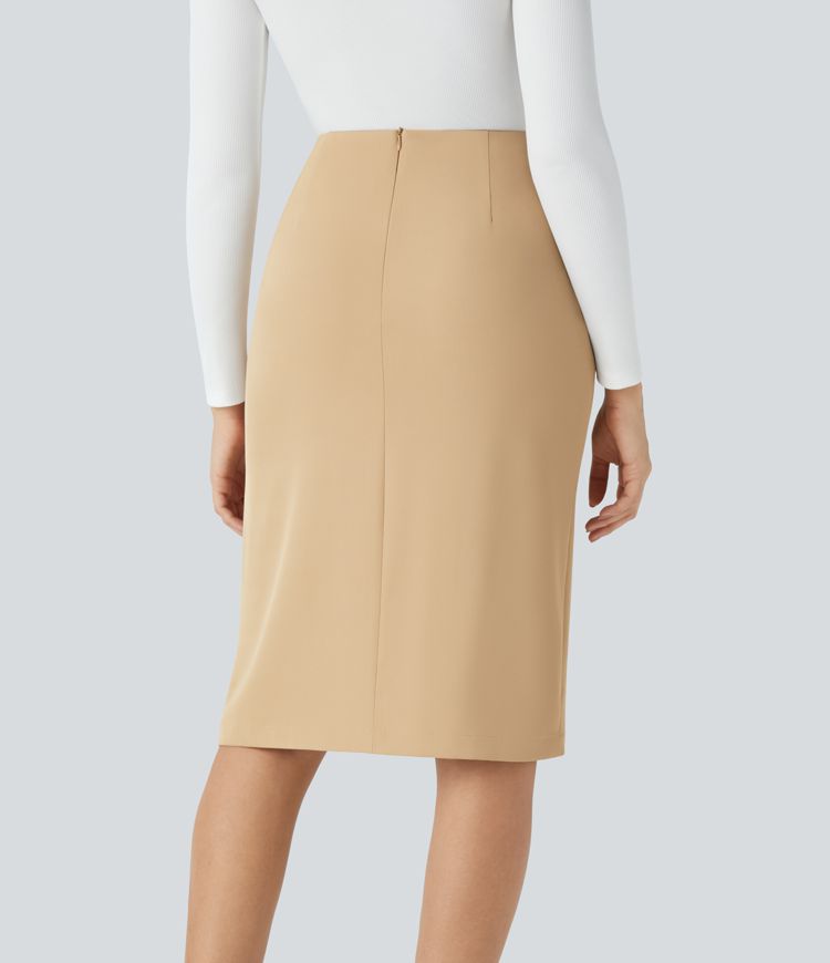 High-waist belt invisible zipper split midi workwear pencil skirt