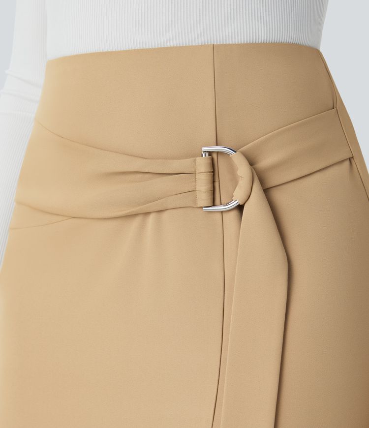High-waist belt invisible zipper split midi workwear pencil skirt