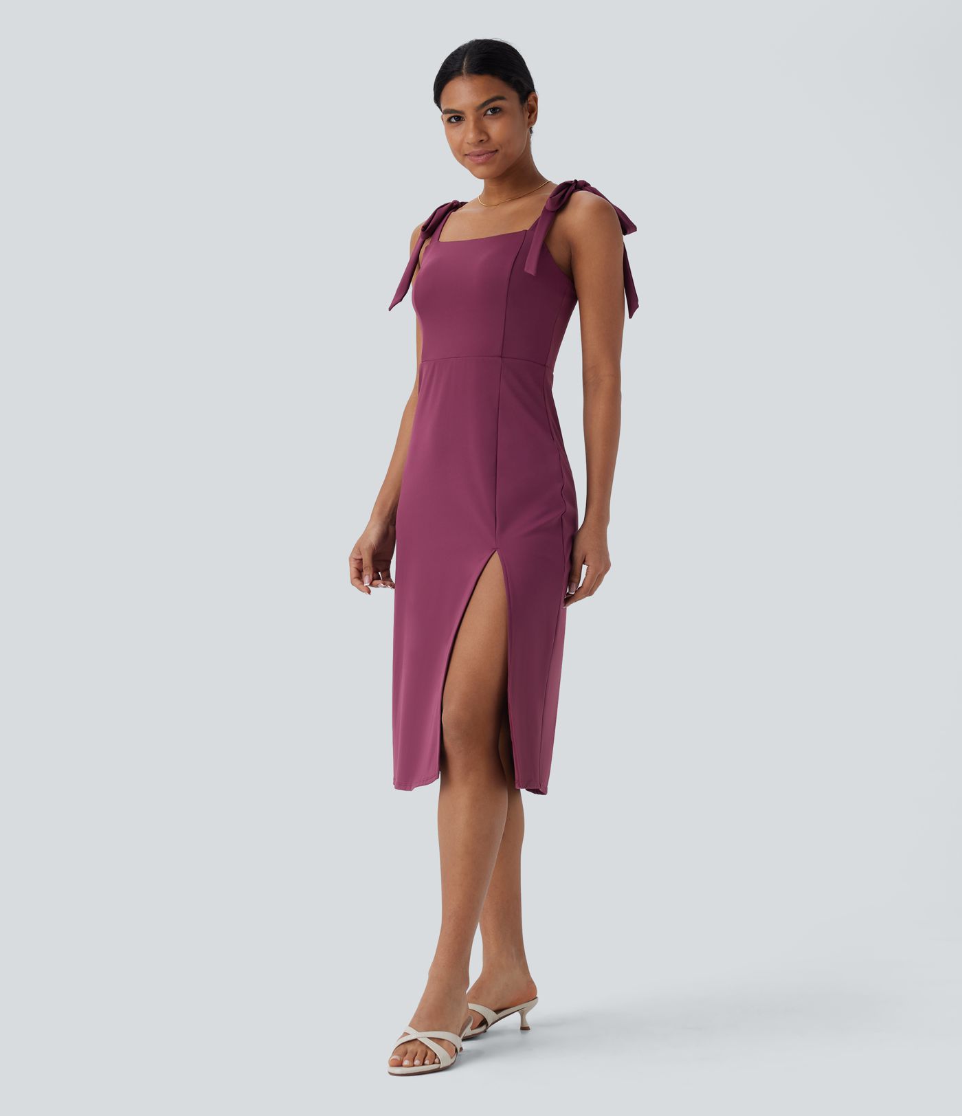 SoftlyZero™ Airy Square Neck Tie Side Cool Touch Midi Casual Dress