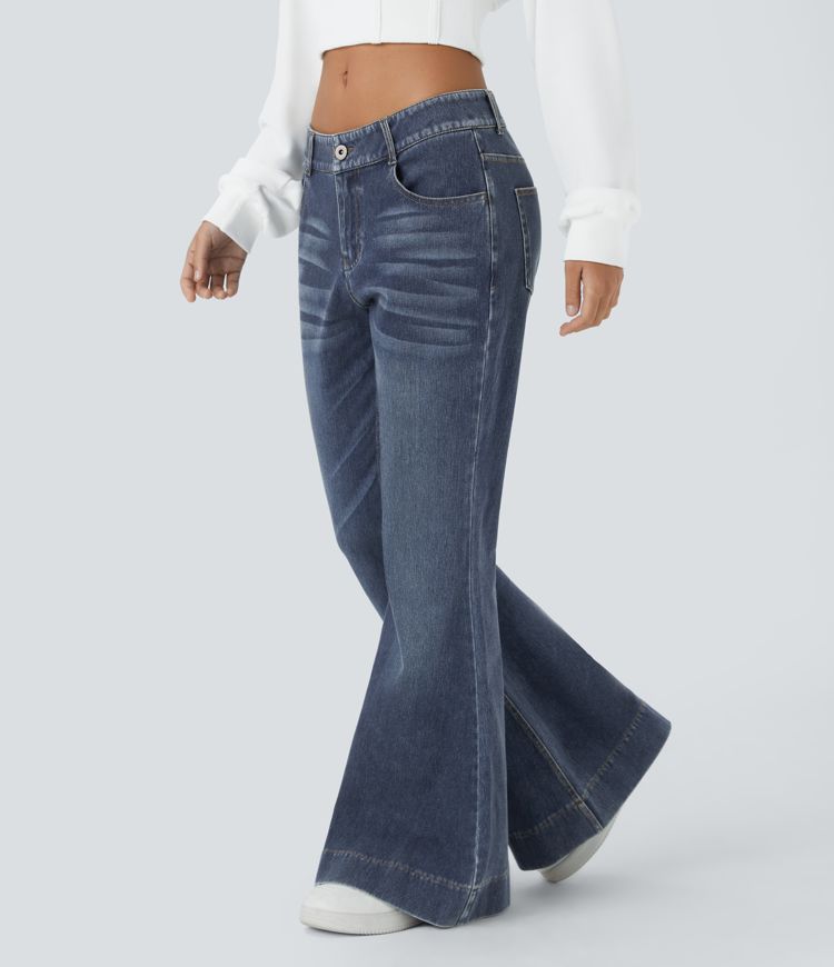 Halara Flex™ Low Rise Button Zipper Multiple Pockets Washed Stretchy Knit Casual Flare Jeans