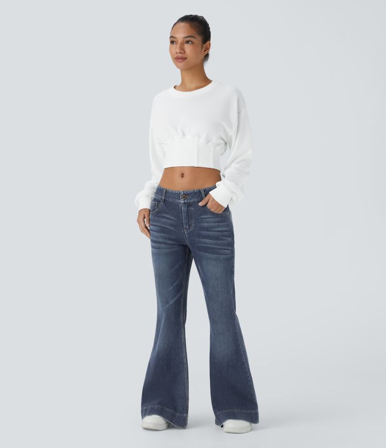 Halara Flex™ Low Rise Button Zipper Multiple Pockets Washed Stretchy Knit Casual Flare Jeans