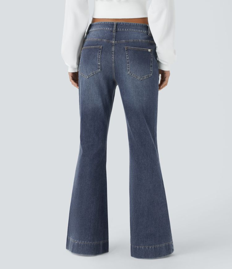 Halara Flex™ Low Rise Button Zipper Multiple Pockets Washed Stretchy Knit Casual Flare Jeans