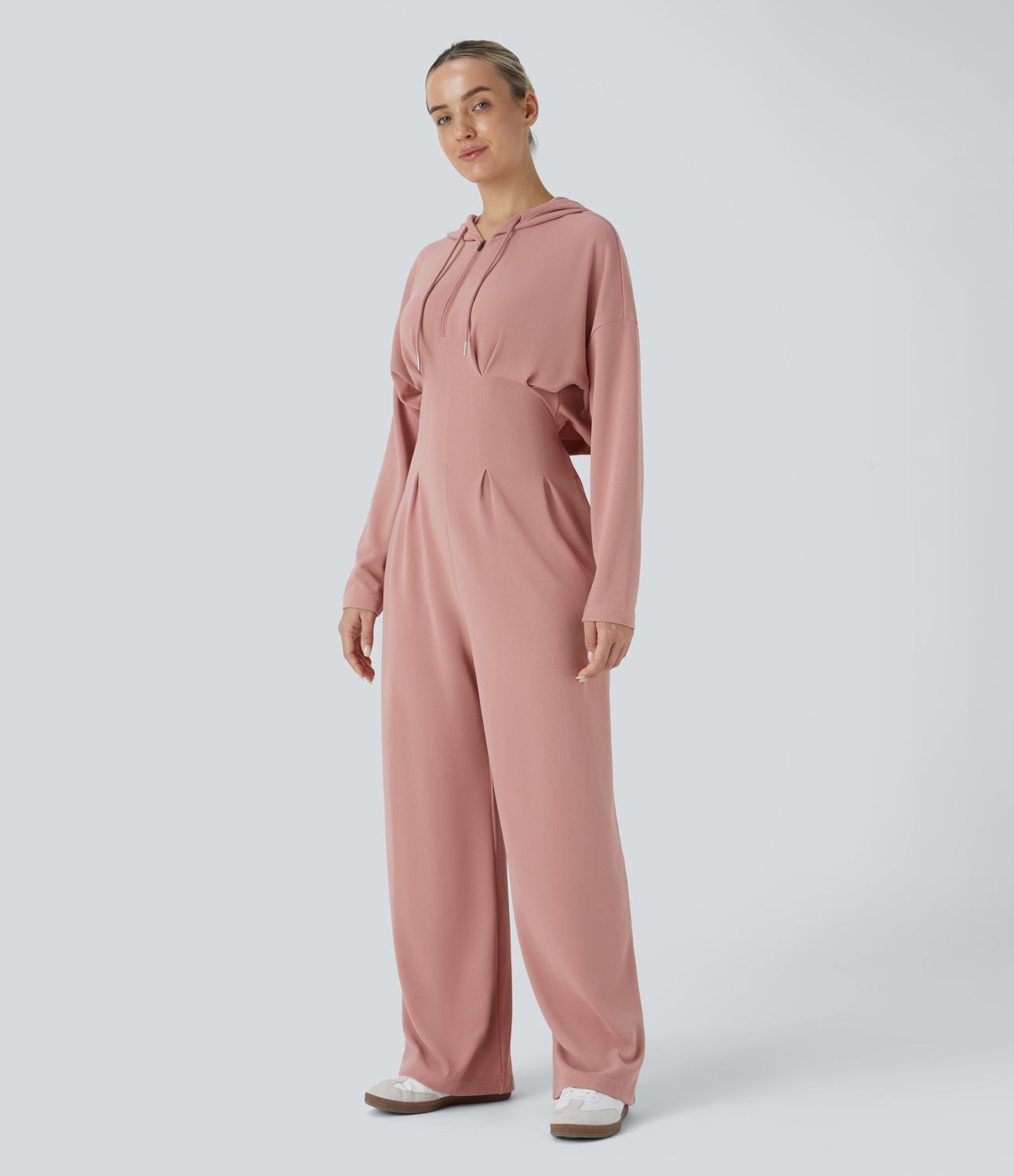 Hood drawstring zipper wrinkled side pocket cutout waffle casual jumpsuit