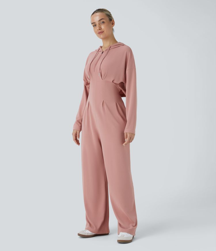 Hood drawstring zipper wrinkled side pocket cutout waffle casual jumpsuit