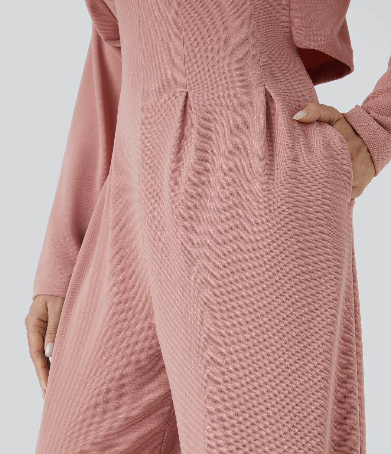 Hood drawstring zipper wrinkled side pocket cutout waffle casual jumpsuit