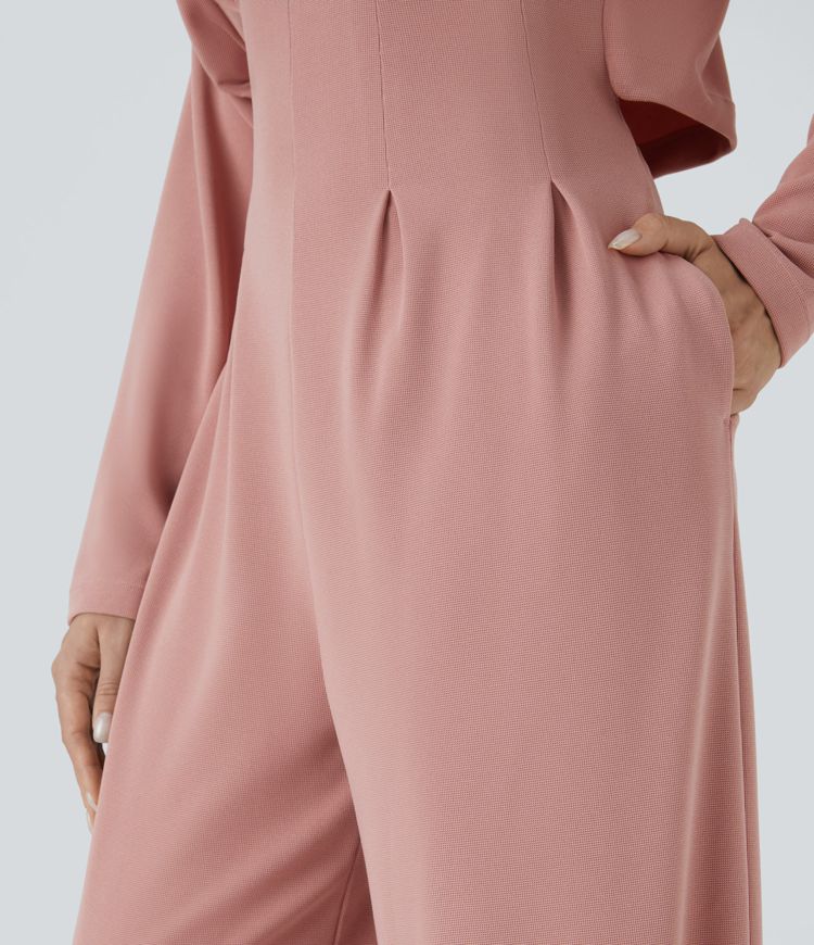 Hood drawstring zipper wrinkled side pocket cutout waffle casual jumpsuit