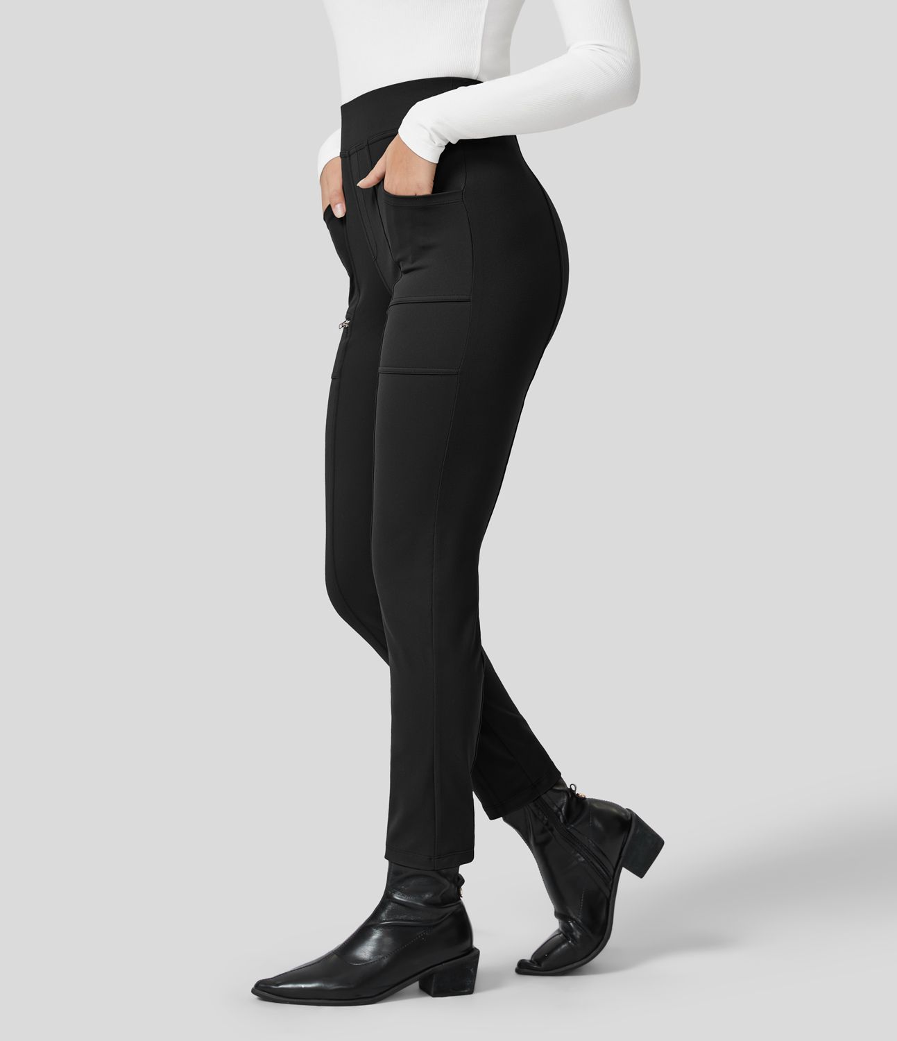 High-waist multi-pocket zipper casual slim pants