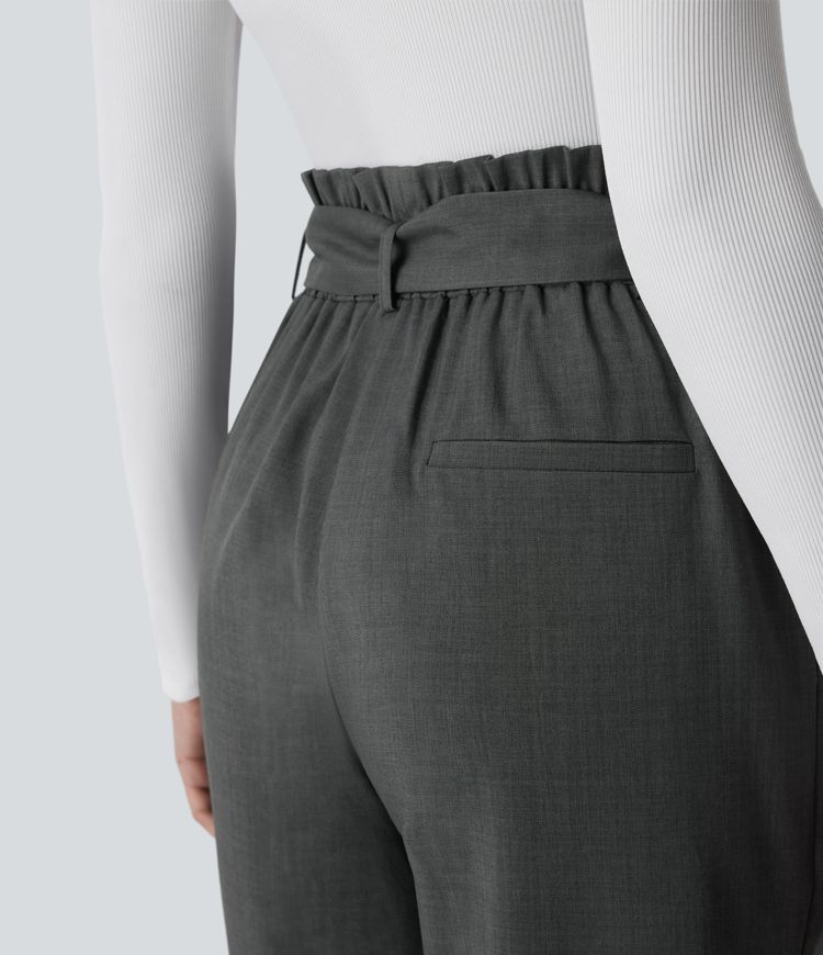 High-waisted, belted, side pocket, straight-leg work pants