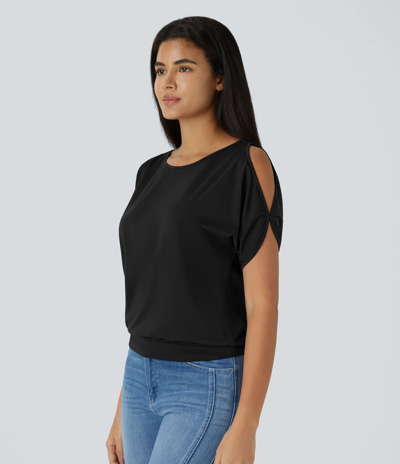 Boat Neck Short Sleeve Cut Out Casual T-Shirt