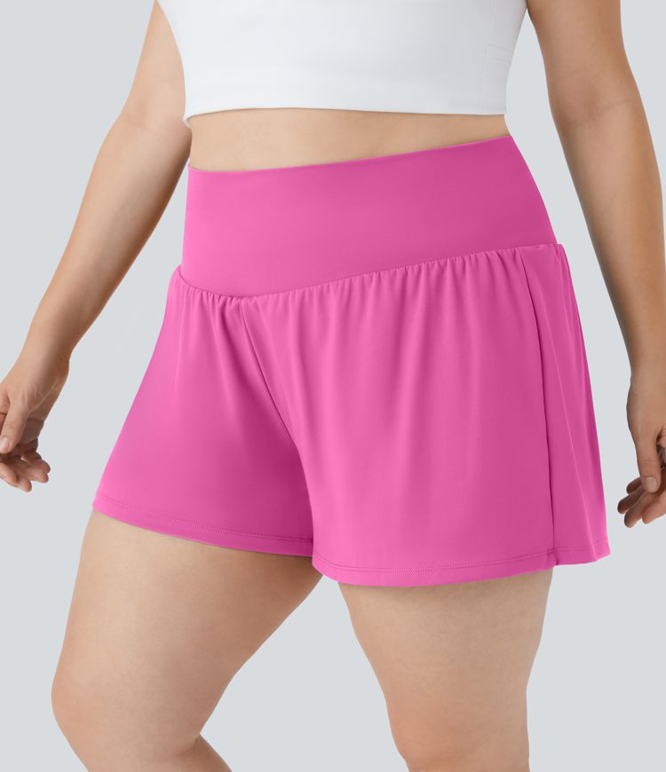 Super High Waisted Back Pocket & Side Hidden Pocket 2-in-1 Yoga Plus Size Shorts 4''-Longer Length
