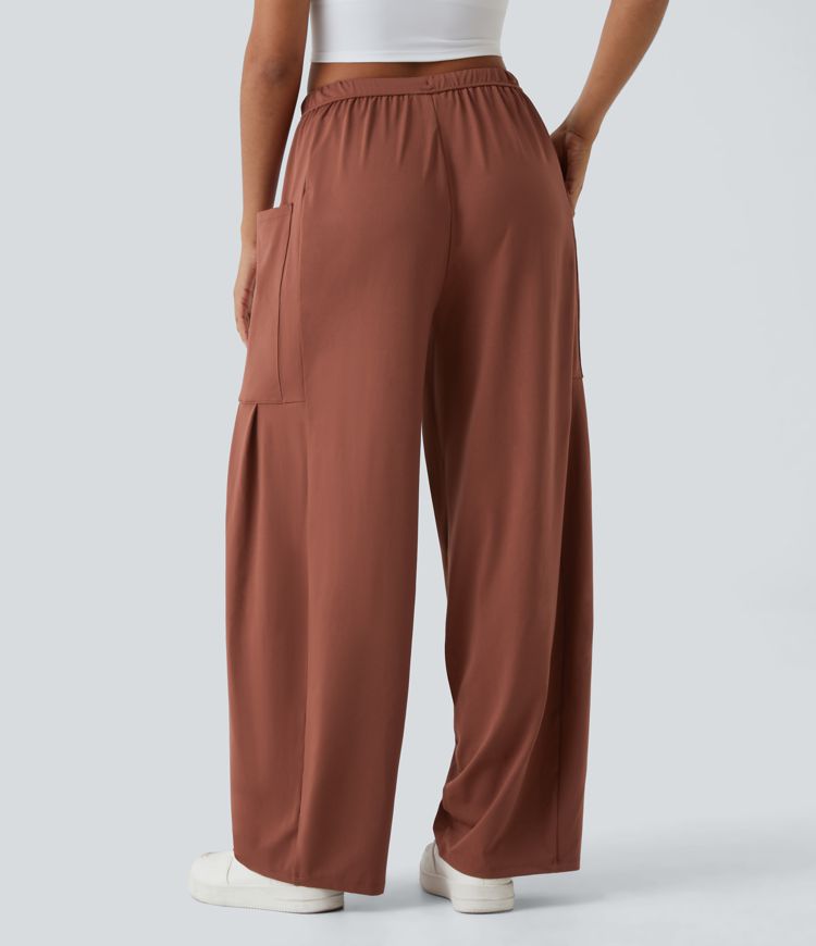 Mid Rise Elastic Waistband Drawstring Side Pocket Palazzo Flowy Wide Leg Casual Pants